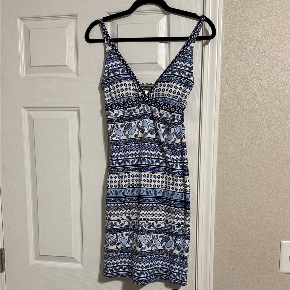 Tommy Bahama Navy and White Printed V-Neck Spaghetti Strap Mini Dress